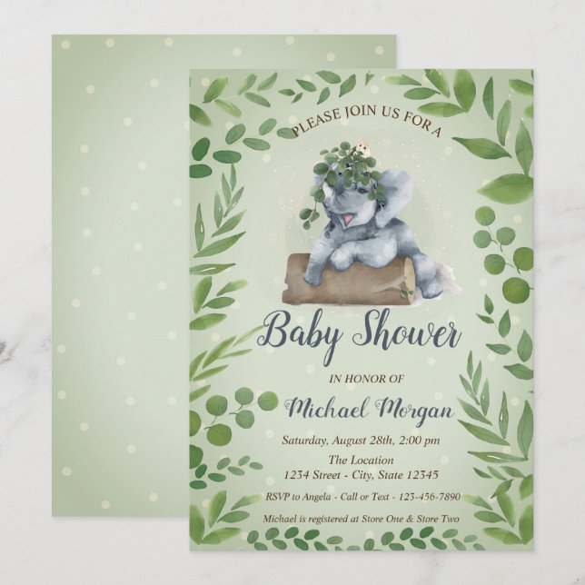 Invitation Éléphant Mignon Feuilles, Points Baby Shower (Devant / Derrière)