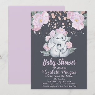Invitation Éléphant Mignon, Fleurs Légèrement Violettes Baby 