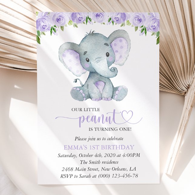 Invitation Éléphant Mignon, Fleurs Violettes, Premier Anniver (Créateur téléchargé)
