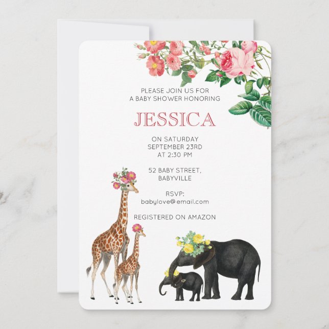 Invitation Eléphant mignon & Giraffe Floral Baby Girl Douche (Dos)