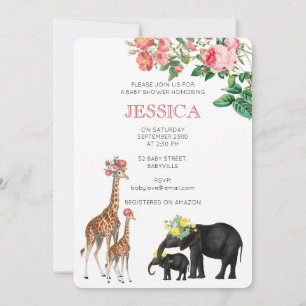 Invitation Eléphant mignon & Giraffe Floral Baby Girl Douche