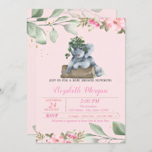 Invitation Eléphant mignon, Partir, Baby shower Floral