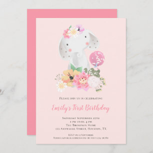 Invitation Eléphant mignon Rose fille 1er anniversaire