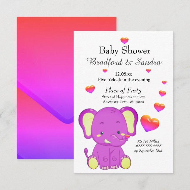 Invitation Eléphant mignon rose pourpre Coeurs Baby shower fi (Devant / Derrière)