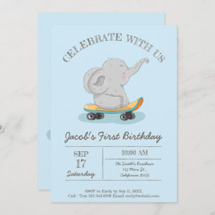 Invitation Eléphant mignon sur skateboard.Anniversaire