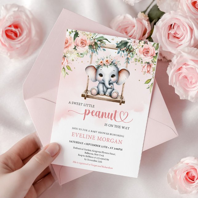 Invitation Éléphant mignon sur une balançoire, roses roses qu (Celebrate your little one with this Cute Elephant on a Swing Girl Baby Shower Invitation Template, d)