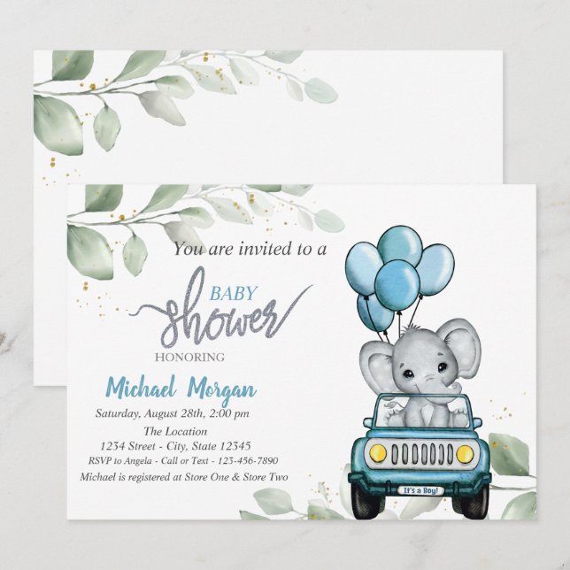 Invitation Éléphant mignon, voiture, ballons, douche de bébé  (Devant / Derrière)