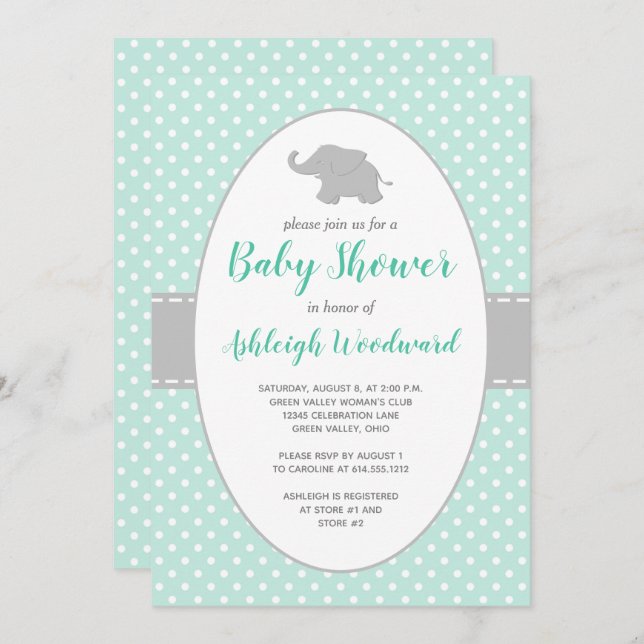 Invitation Eléphant Mint vert Polka Baby shower point (Devant / Derrière)
