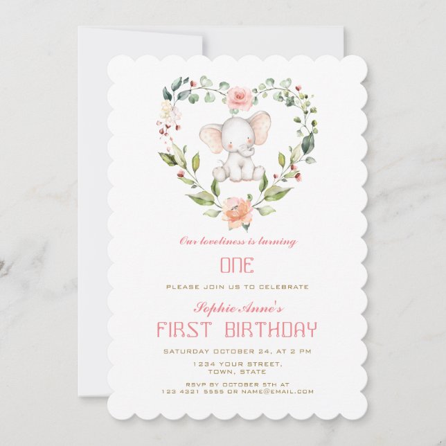 Invitation Eléphant mou Blush Floral Heart Girl 1er anniversa (Devant)