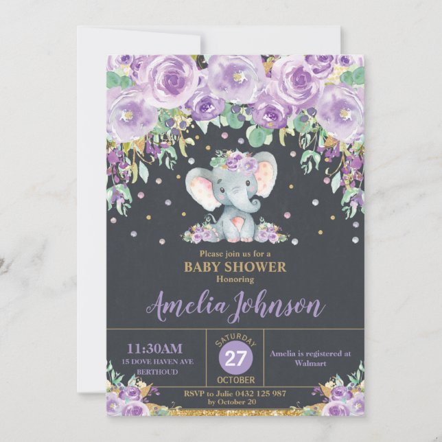 Invitation Eléphant mou violet Baby shower Floral Baby Girl (Devant)