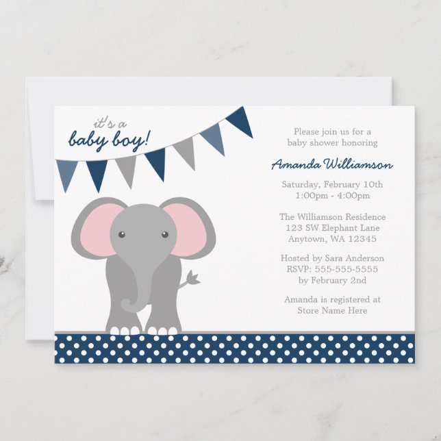 Invitation Elephant Navy Polka Dot Banner Baby shower garçon (Devant)