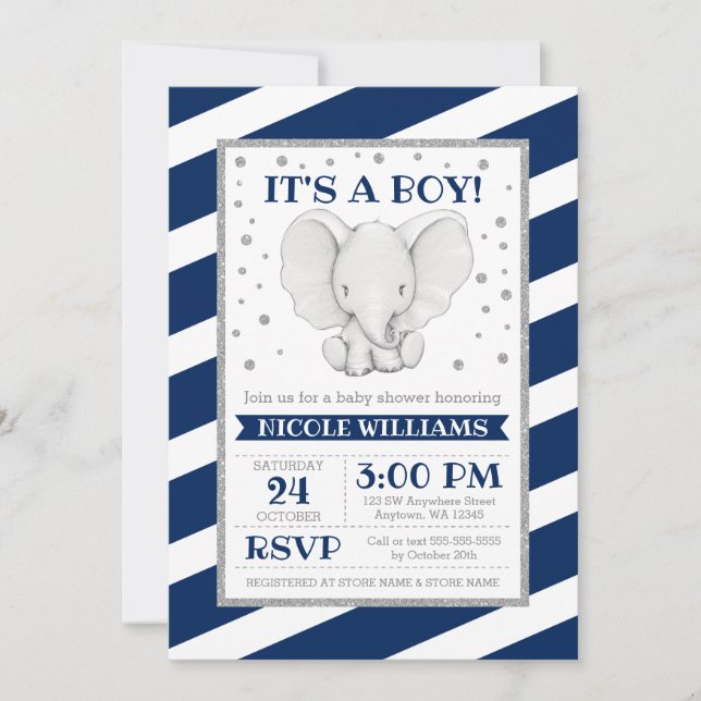 Invitation Elephant Navy Stripes Garçon Baby Shower Invitatio (Devant)