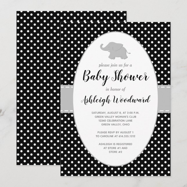 Invitation Eléphant noir blanc Polka Baby shower point (Devant / Derrière)