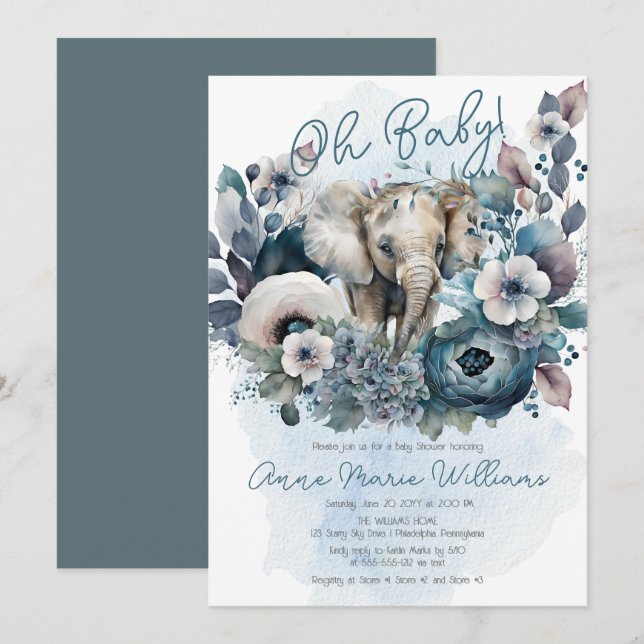 Invitation Elephant Oh Baby Baby shower Floral bleu (Devant / Derrière)