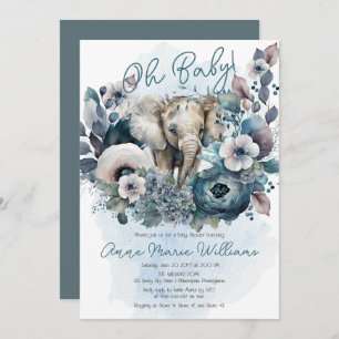 Invitation Elephant Oh Baby Baby shower Floral bleu