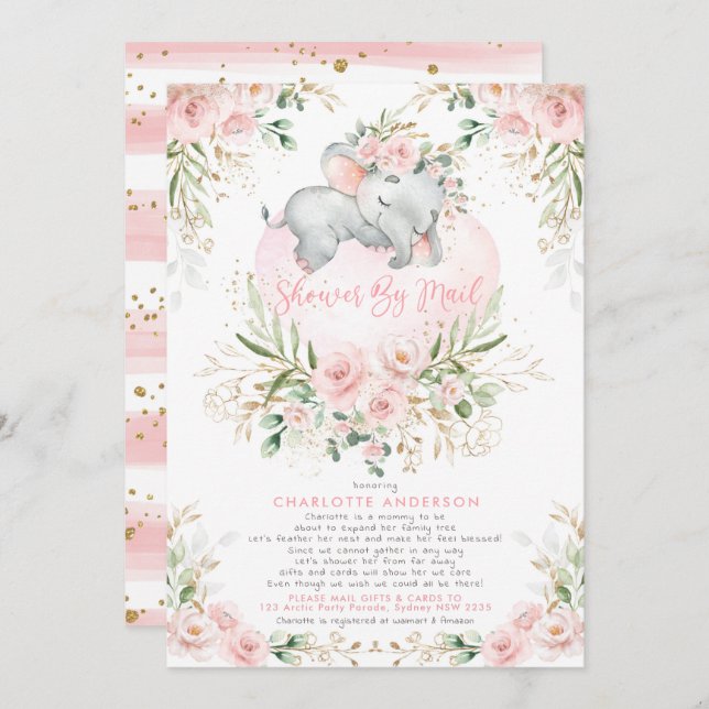 Invitation Eléphant Or Blush Feminine Baby shower Par Mail (Devant / Derrière)