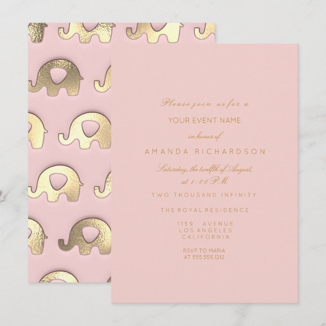 Invitation Eléphant Parties scintillant rose or Anniversaire  (Devant / Derrière)