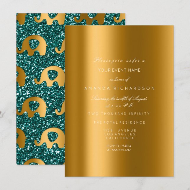 Invitation Elephant Parties scintillant Turquoise Gold Bride  (Devant / Derrière)