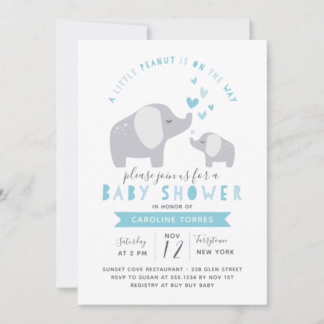 Invitation Eléphant Petit Arachide | BABY SHOWER | Bleu (Devant)
