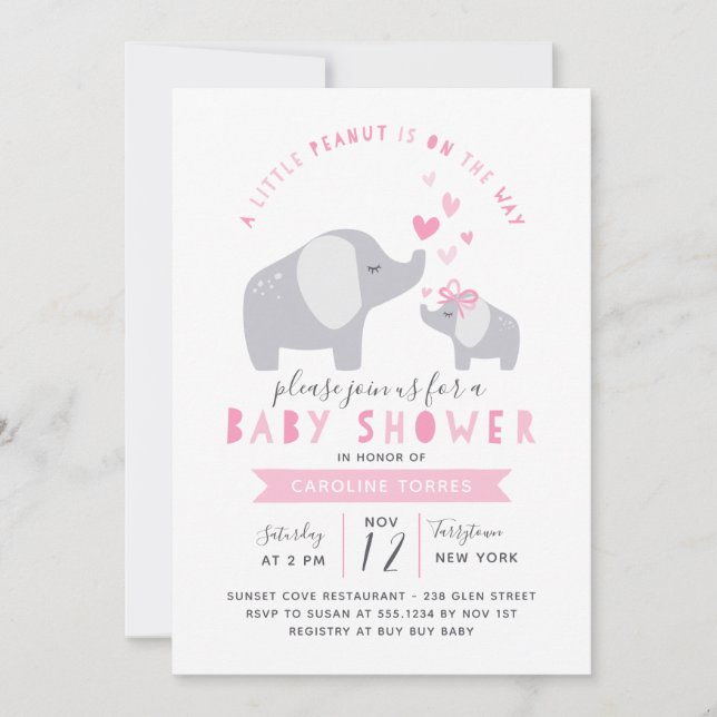 Invitation Eléphant Petit Arachide | BABY SHOWER | Rose (Devant)