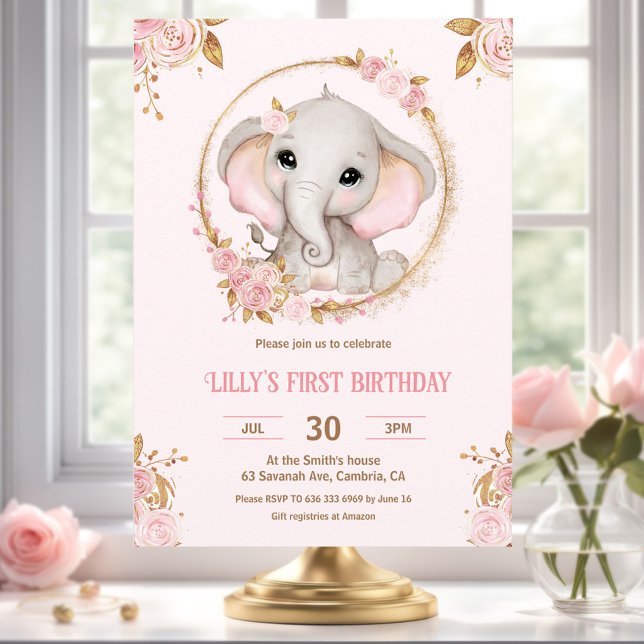 Invitation Eléphant Petit Arachide Rose fille 1er anniversair (Elephant Little Peanut Pink Girl 1st Birthday Invitation)