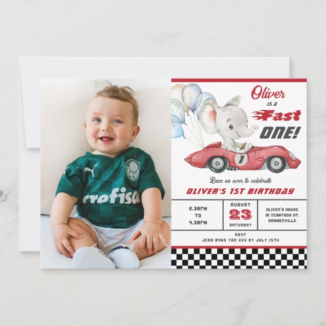 Invitation Elephant Red Race Car Fast Un 1er premier annivers (Devant)