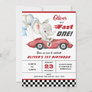 Invitation Elephant Red Race Car Fast Un 1er premier annivers