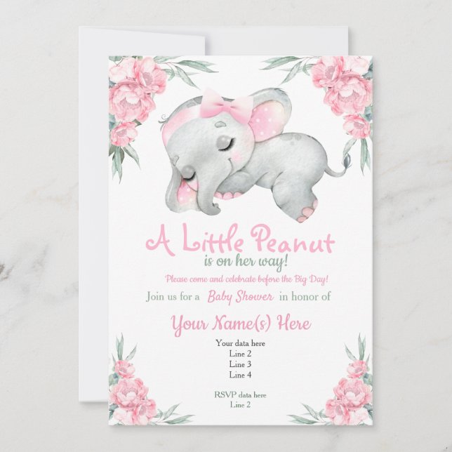 Invitation Eléphant rose Baby shower Floral mignon rustique (Devant)