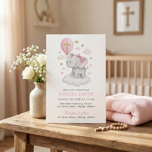 Invitation Éléphant Rose Baptême Nuages Ballon Aquarelle