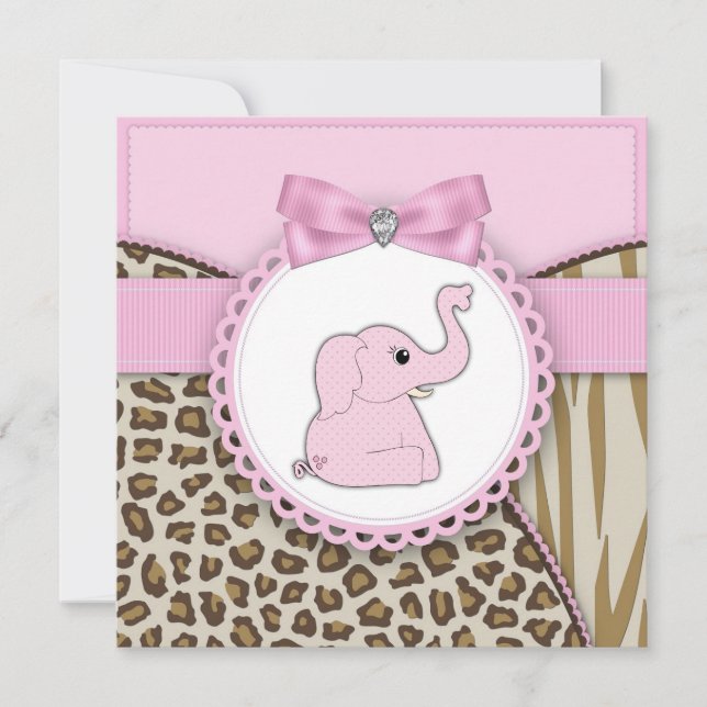 Invitation Eléphant rose bébé fille douche (Devant)