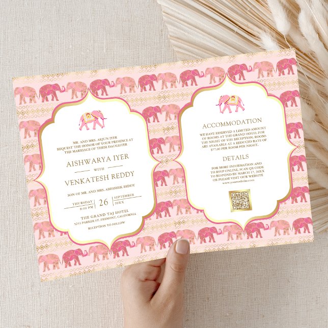 Invitation Eléphant rose et or Indien tout en un Mariage (Créateur téléchargé)