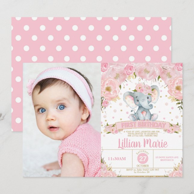 Invitation Eléphant rose floral 1er anniversaire fille photo (Devant / Derrière)