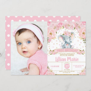 Invitation Eléphant rose floral 1er anniversaire fille photo