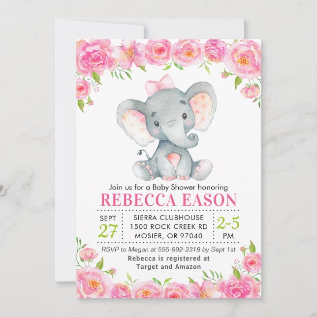 Invitation Eléphant rose Floral Baby Girl Douche aspersion (Devant)
