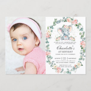 Invitation Elephant rose floral verdure 1er anniversaire Phot