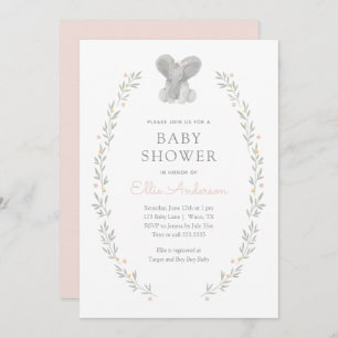 Invitation Eléphant rose Floral Vert Fille Baby shower