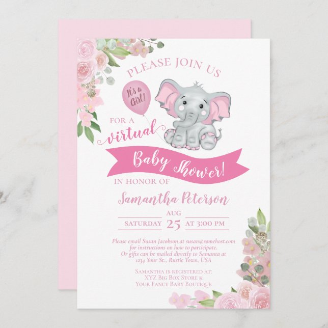 Invitation Eléphant rose & Floral Virtual Baby Girl Douche (Devant / Derrière)