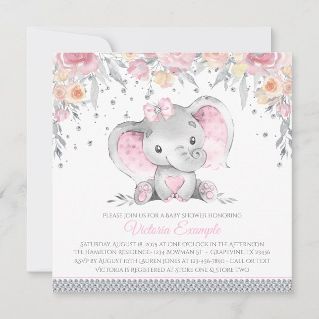 Invitation Eléphant rose Gris Diamant Baby shower floral (Devant)