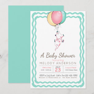 Invitation Eléphant rose mignon et Baby shower de ballons