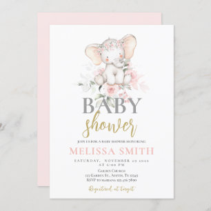Invitation Eléphant rose pâle fille Baby shower