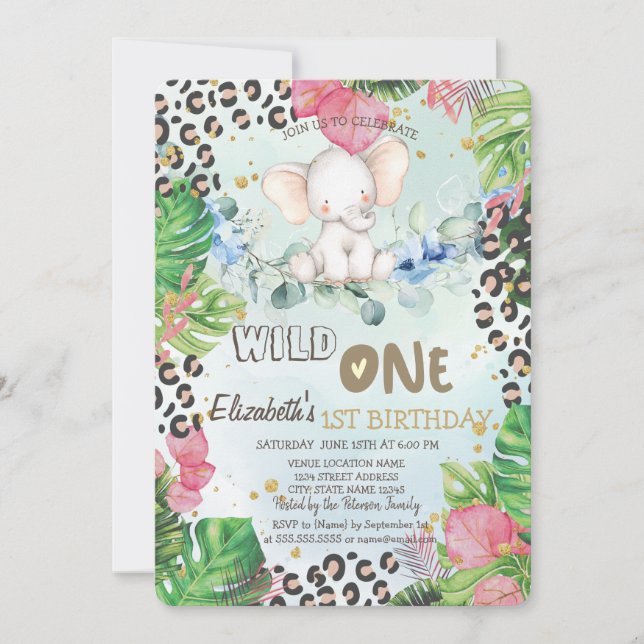 Invitation Elephant Rose Palm Feuilles 1er (Devant)