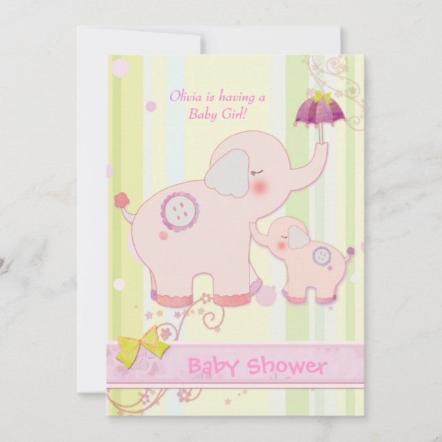 Invitation Eléphant rose Parapluie Baby Girl Douche (Devant)