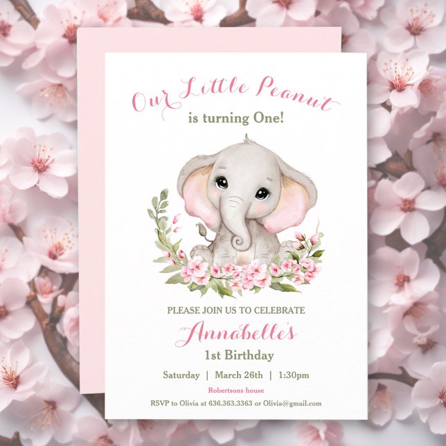 Invitation Elephant rose Printemps 1er Anniversaire Invitatio (Elephant Pink Spring 1st Birthday Girl Invitation)