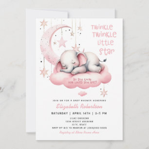 Invitation Eléphant rose Twinkle Little Star Girl Baby shower