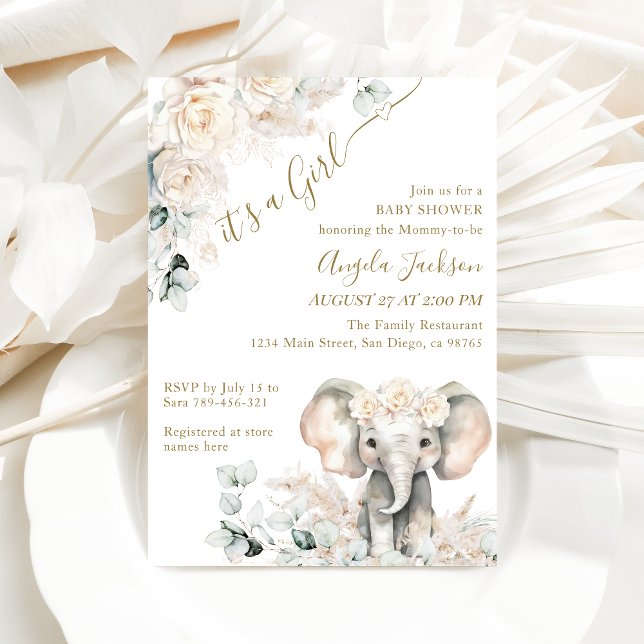 Invitation Eléphant Roses Blanches Boho Pampas Baby Girl Douc (Créateur téléchargé)