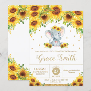 Invitation Eléphant Tournesol Floral Co-Ed Baby shower fille
