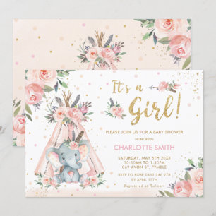 Invitation Elephant Tribal Blush Floral Girl Baby shower