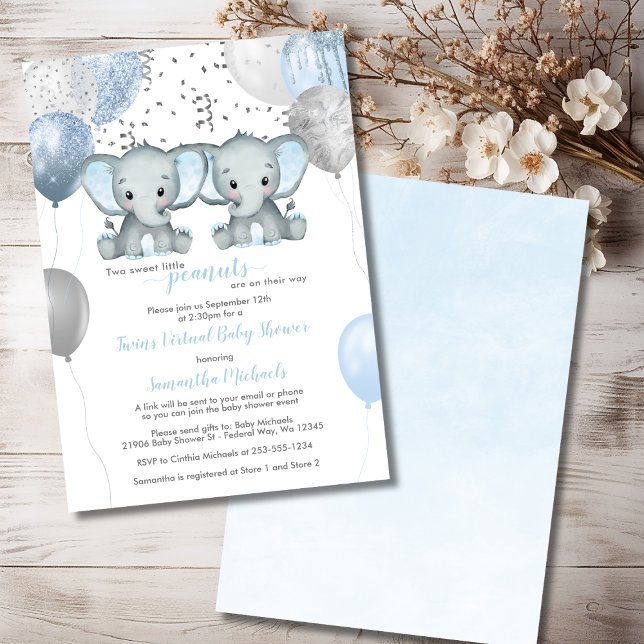Invitation Elephant Twin Boys Balloon Baby shower virtuel (Elephant Twin Boys Balloon Virtual Baby Shower Invitation)