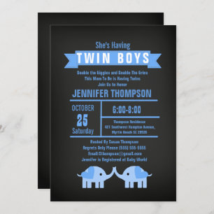 Invitation Elephant Twin Boys Chalkboard Baby shower