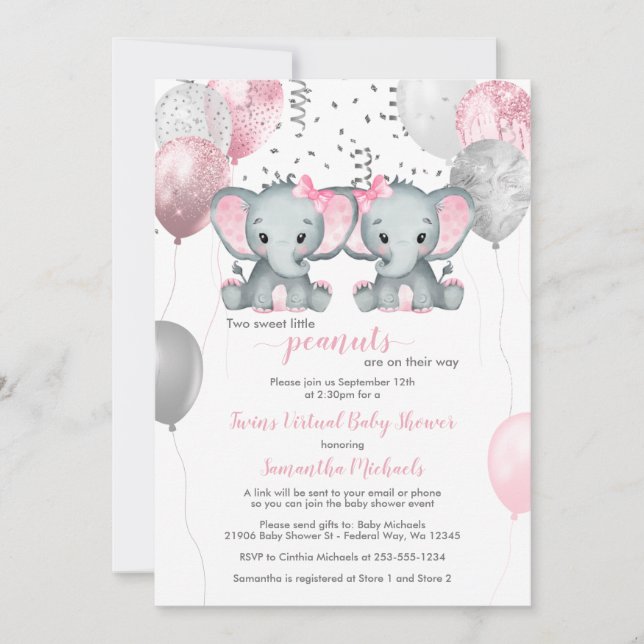 Invitation Eléphant Twin Girls Balloon Baby shower virtuel da (Devant)